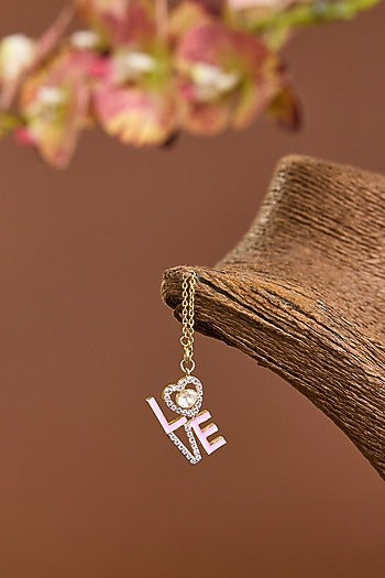 Yellow Gold Finish Moissanite Polki & Eurostar Swarovski Pink Enameled Watch Charm In Sterling Silver