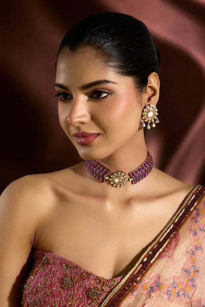 Yellow Gold Finish Moissanite Polki & Ruby Choker Necklace Set In Sterling Silver