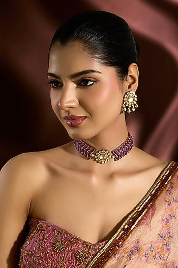 Yellow Gold Finish Moissanite Polki & Ruby Choker Necklace Set In Sterling Silver
