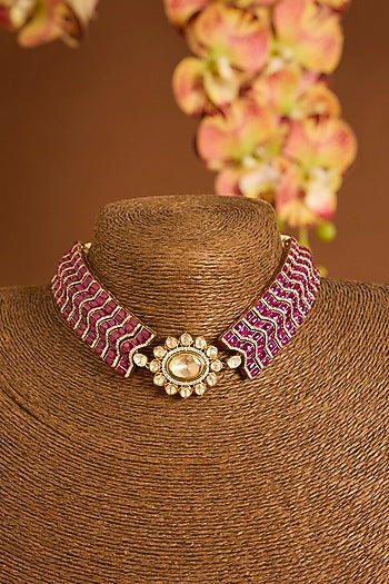 Yellow Gold Finish Moissanite Polki & Ruby Choker Necklace Set In Sterling Silver