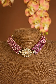 Yellow Gold Finish Moissanite Polki & Ruby Choker Necklace Set In Sterling Silver