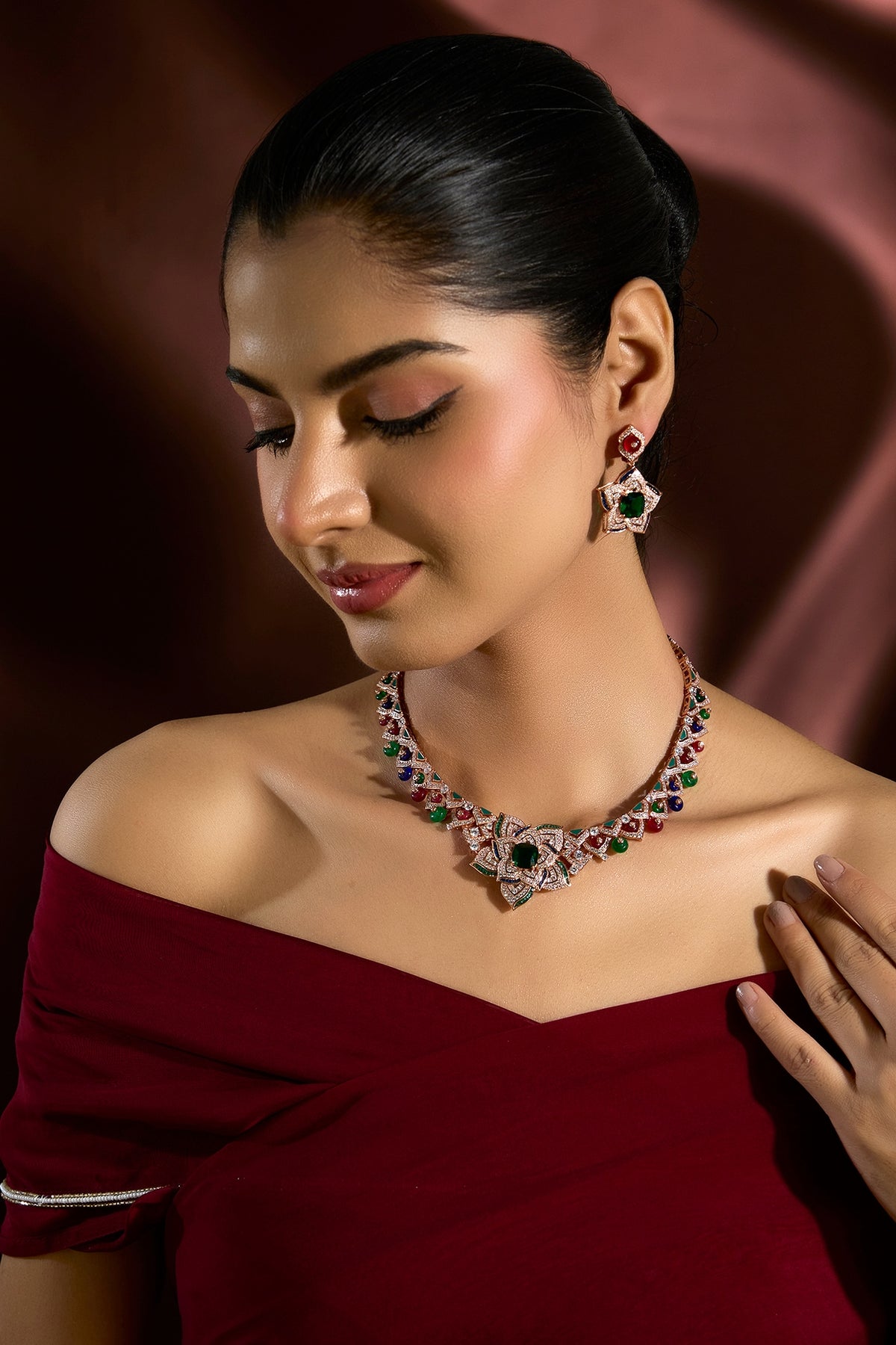 Rose Gold Finish Swarovski & Ruby Necklace Set In Sterling Silver
