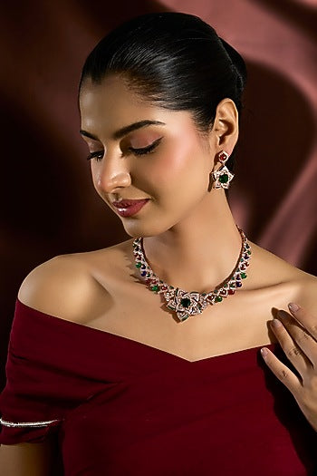 Rose Gold Finish Swarovski & Ruby Necklace Set In Sterling Silver