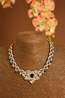 Rose Gold Finish Swarovski & Ruby Necklace Set In Sterling Silver