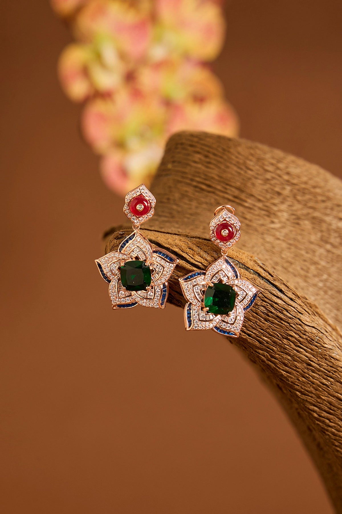 Rose Gold Finish Swarovski & Ruby Necklace Set In Sterling Silver