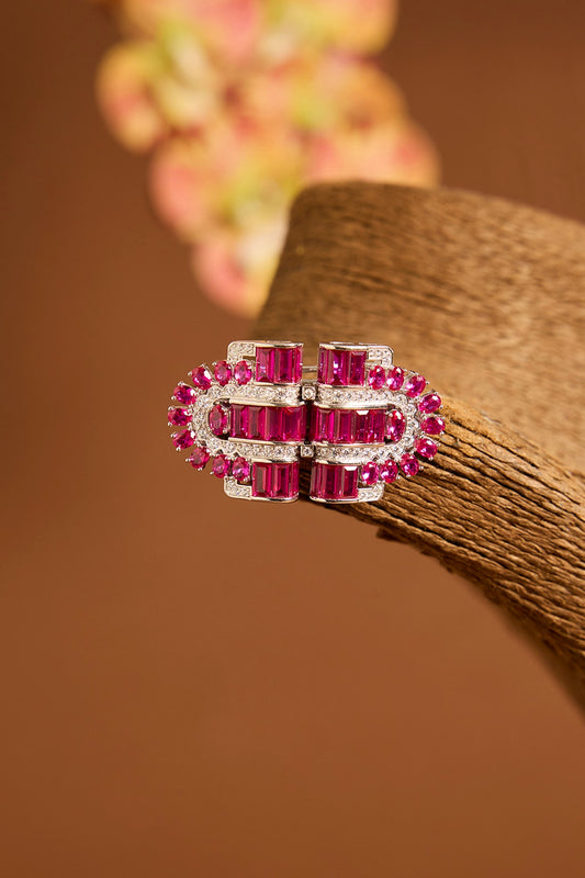 White Gold Finish Eurostar Swarovski & Ruby Brooch Cum Pendant In Sterling Silver