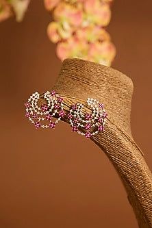 White Gold Finish Swarovski & Ruby Stud Earrings In Sterling Silver