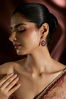 White Gold Finish Swarovski & Ruby Stud Earrings In Sterling Silver