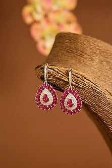 White Gold Finish Swarovski & Ruby Stud Earrings In Sterling Silver