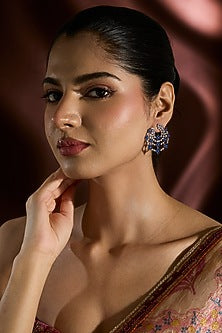 White Gold Finish Swarovski & Sapphire Stud Earrings In Sterling Silver