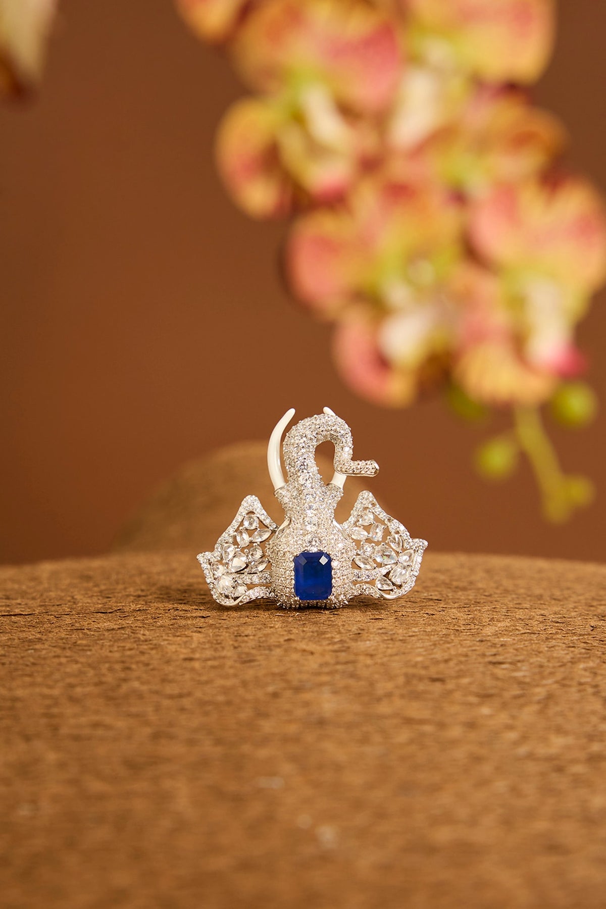 White Gold Finish Swarovski & Sapphire Brooch Cum Pendant In Sterling Silver