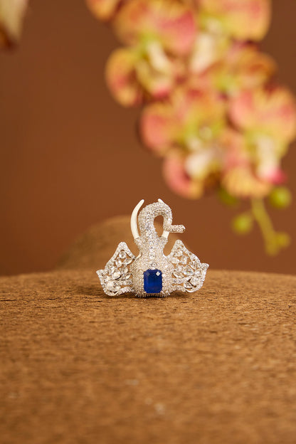 White Gold Finish Swarovski & Sapphire Brooch Cum Pendant In Sterling Silver