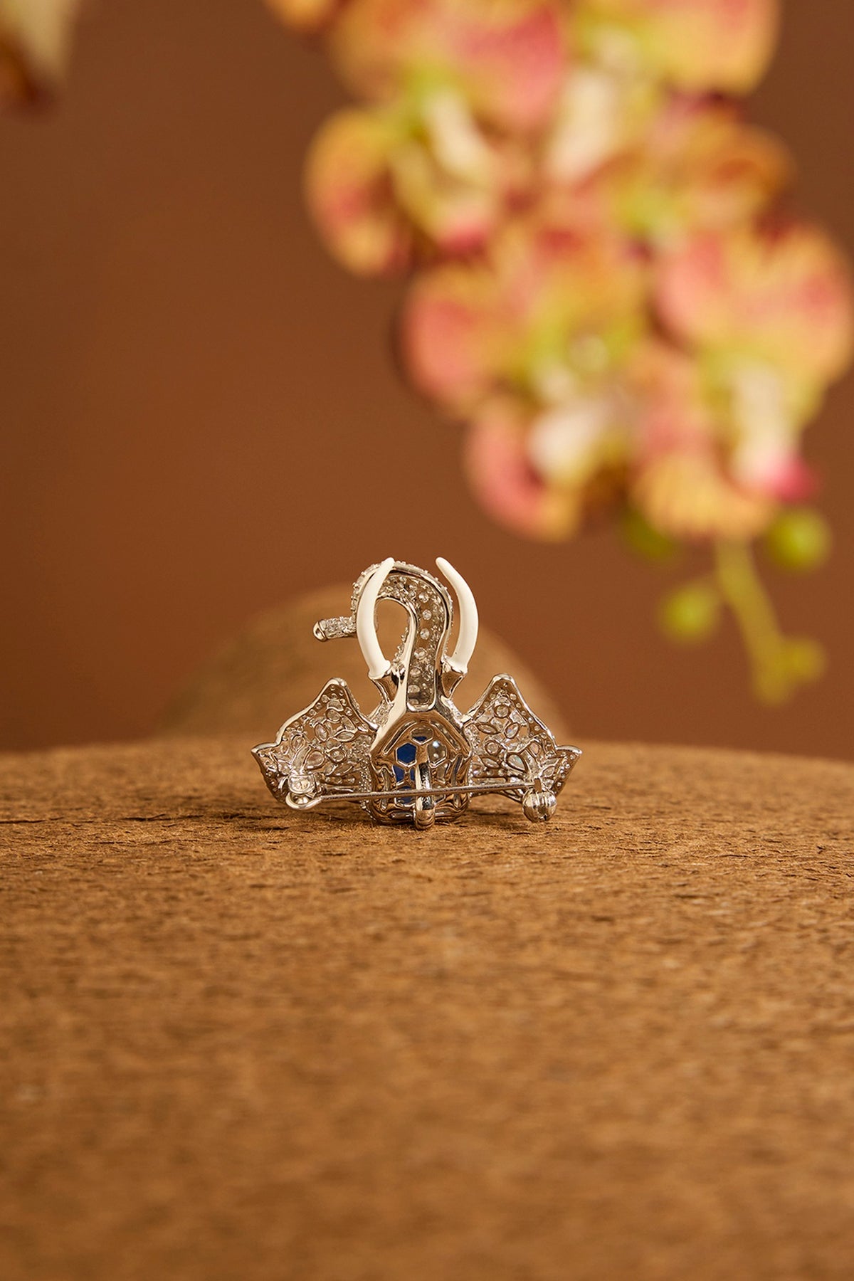 White Gold Finish Swarovski & Sapphire Brooch Cum Pendant In Sterling Silver