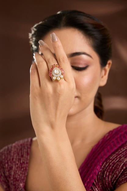 Yellow Gold Finish Moissanite Poki & Ruby Stone Ring In Sterling Silver