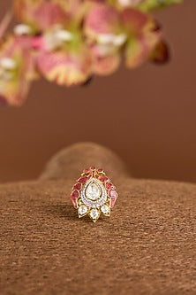 Yellow Gold Finish Moissanite Poki & Ruby Stone Ring In Sterling Silver