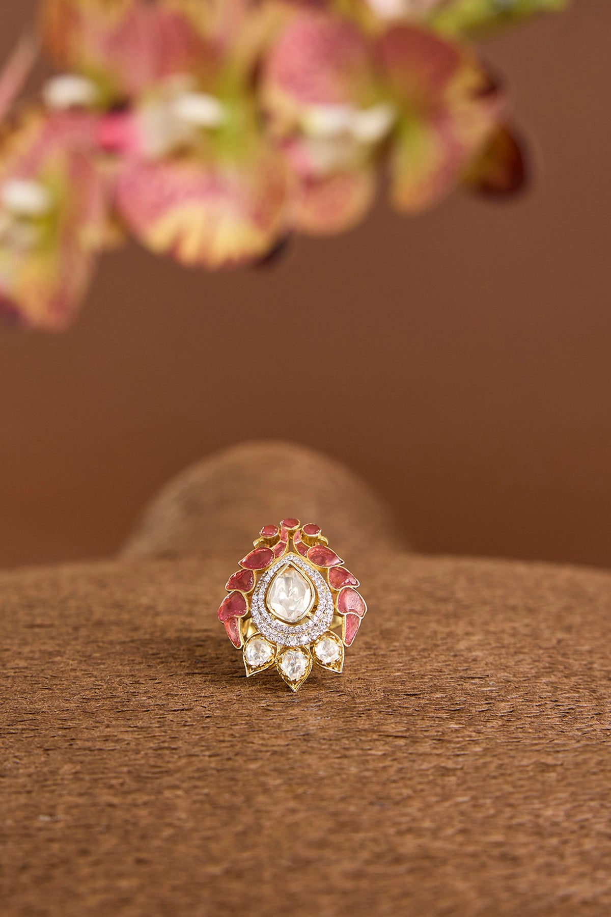 Yellow Gold Finish Moissanite Poki & Ruby Stone Ring In Sterling Silver