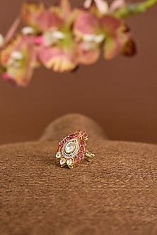 Yellow Gold Finish Moissanite Poki & Ruby Stone Ring In Sterling Silver
