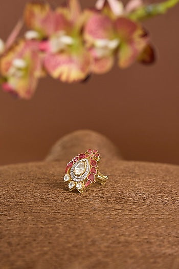 Yellow Gold Finish Moissanite Poki & Ruby Stone Ring In Sterling Silver