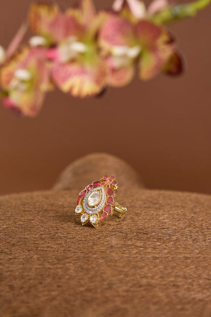 Yellow Gold Finish Moissanite Poki & Ruby Stone Ring In Sterling Silver
