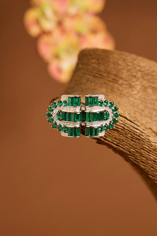 White Gold Finish Eurostar Swarovski & Emerald Brooch Cum Pendant In Sterling Silver