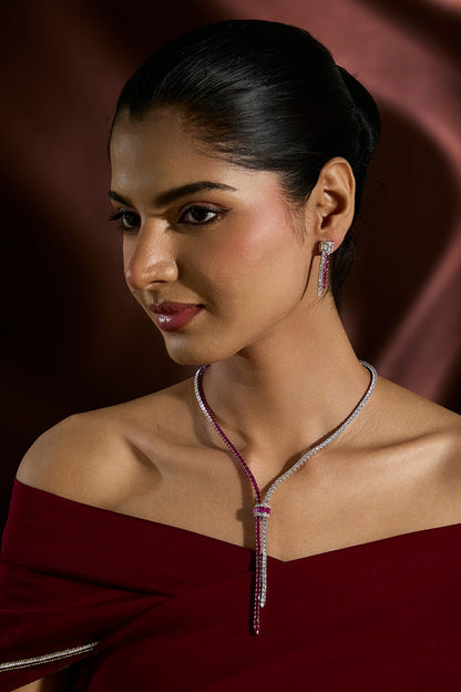 White Gold Finish Ruby & Swarovski Long Necklace Set In Sterling Silver
