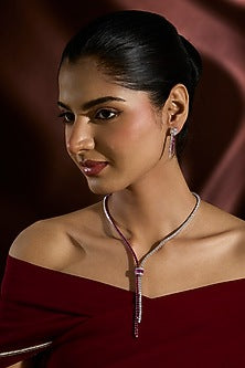 White Gold Finish Ruby & Swarovski Long Necklace Set In Sterling Silver