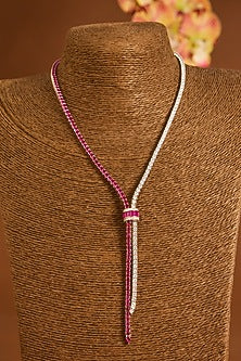 White Gold Finish Ruby & Swarovski Long Necklace Set In Sterling Silver