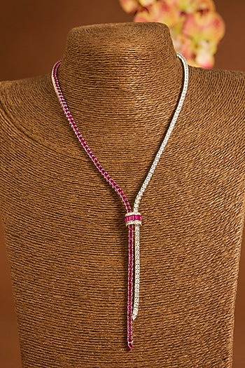 White Gold Finish Ruby & Swarovski Long Necklace Set In Sterling Silver
