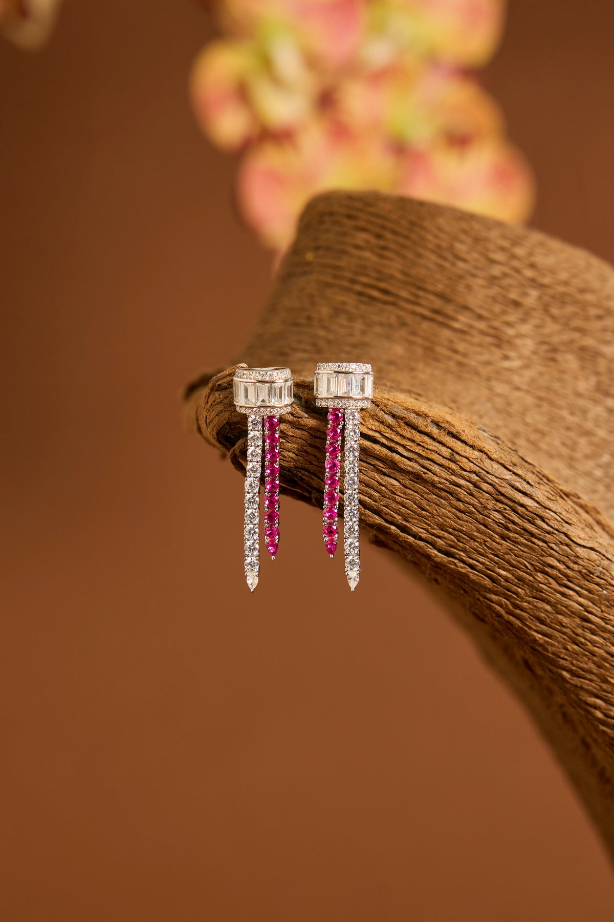 White Gold Finish Ruby & Swarovski Long Necklace Set In Sterling Silver