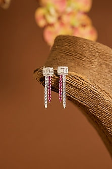 White Gold Finish Ruby & Swarovski Long Necklace Set In Sterling Silver