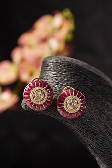 Gold Finish Ruby & Polki Stud Earrings In Sterling Silver