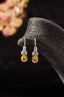 White Finish Zircon & Yellow Sapphire Dangler Earrings In Sterling Silver