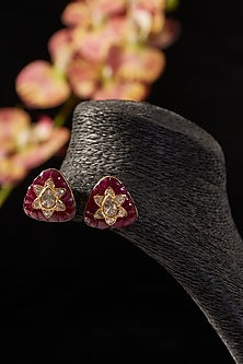 Gold Finish Ruby & Polki Stud Earrings In Sterling Silver