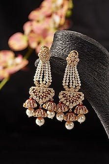 Gold Finish Ruby & Moissanite Polki Dangler Earrings In Sterling Silver