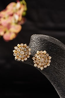 Gold Finish Pearl & Moissanite Polki Stud Earrings In Sterling Silver