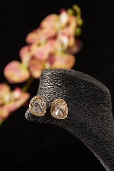 Gold Finish CZ & Moissanite Polki Stud Earrings In Sterling Silver