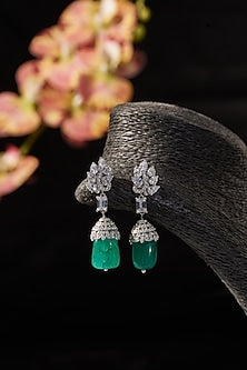 White Finish CZ & Emerald Dangler Earrings In Sterling Silver