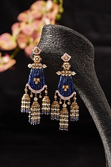 Gold Finish Sapphire & Moissanite Polki Dangler Earrings In Sterling Silver