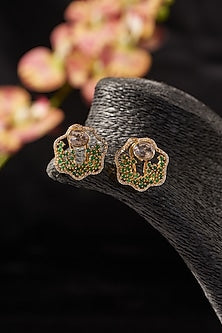 Gold Finish Emerald & Moissanite Polki Stud Earrings In Sterling Silver