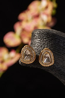 Gold Finish CZ & Moissanite Polki Stud Earrings In Sterling Silver