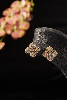 Gold Finish CZ & Moissanite Polki Stud Earrings In Sterling Silver