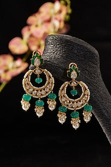 Gold Finish Emerald & Moissanite Polki Dangler Earrings In Sterling Silver