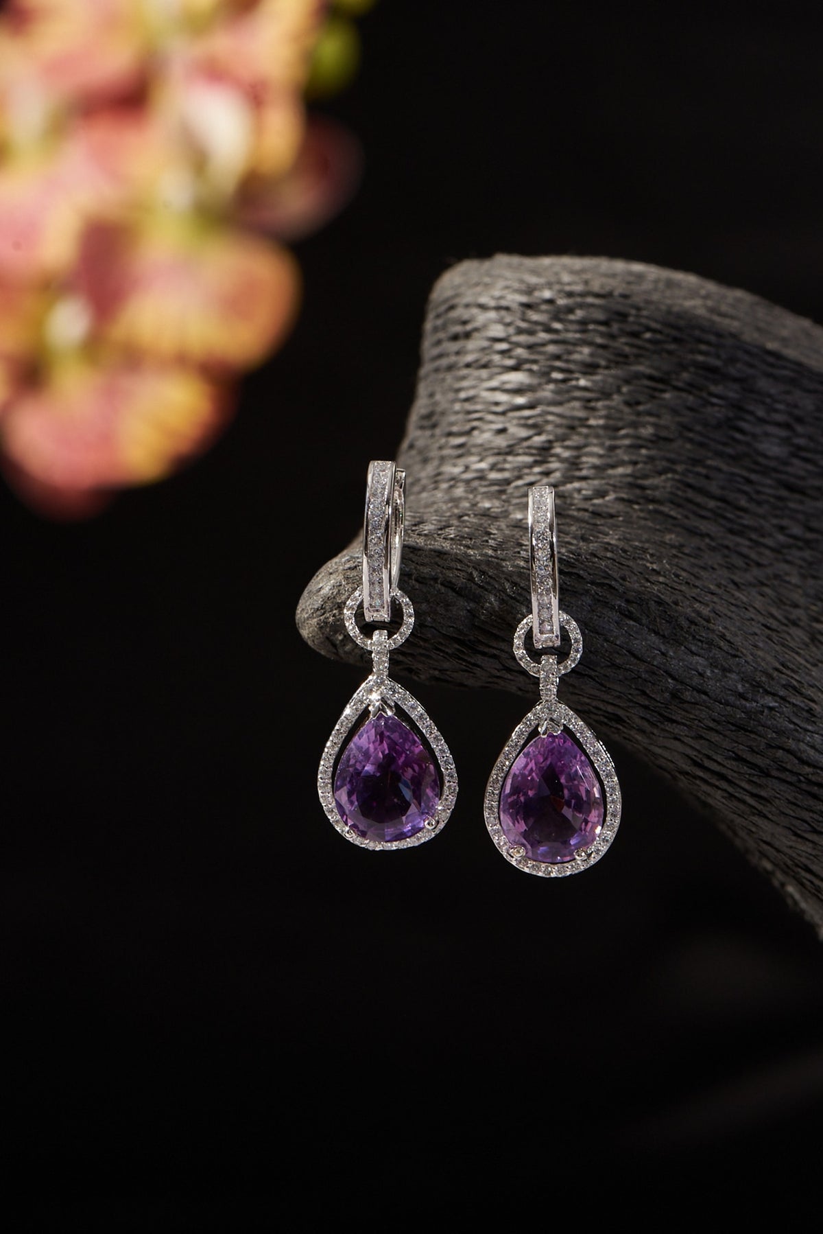 White Finish CZ & Amethyst Dangler Earrings In Sterling Silver