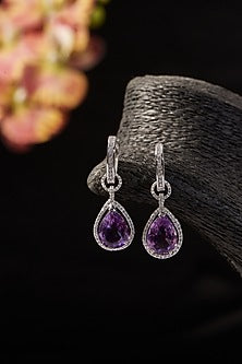 White Finish CZ & Amethyst Dangler Earrings In Sterling Silver