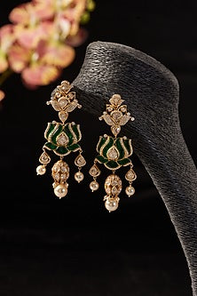 Gold Finish Emerald & Moissanite Polki Dangler Earrings In Sterling Silver