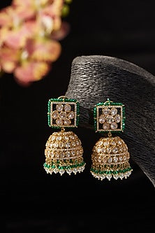 Gold Finish Emerald & Moissanite Polki Jhumka Earrings In Sterling Silver