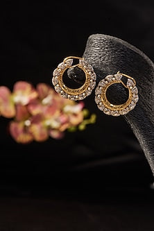 Gold Finish Pearl & Moissanite Polki Hoop Earrings In Sterling Silver