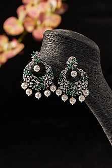 White Finish Emerald & Pearl Chandbali Earrings In Sterling Silver
