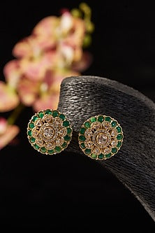 Gold Finish Emerald & Moissanite Polki Stud Earrings In Sterling Silver