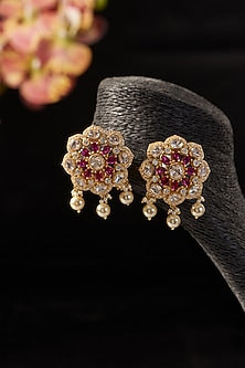 Gold Finish Ruby & Moissanite Polki Stud Earrings In Sterling Silver
